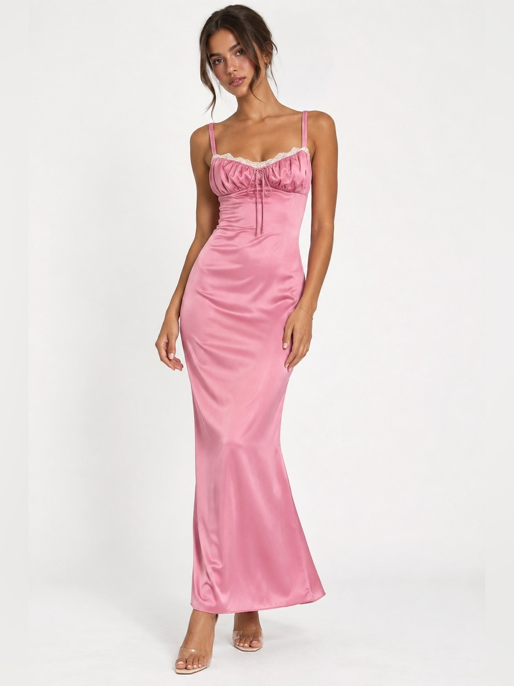 Elegant Pink Backless Satin Dress with Lace Trim